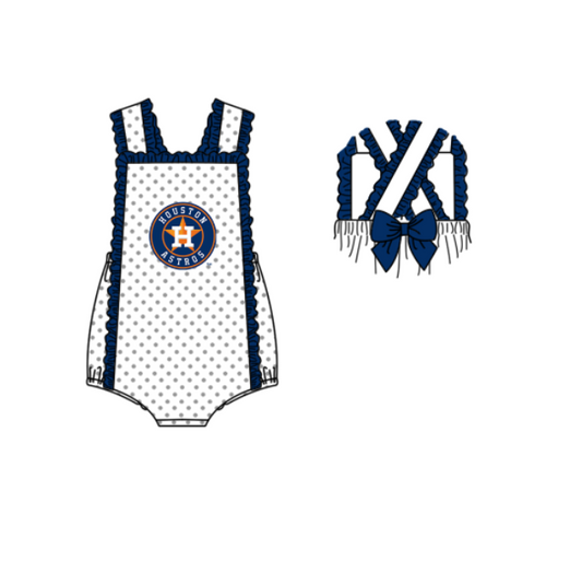 MOQ 5 pcs white polka dots sleeveless dark blue bow H baby girls team romper