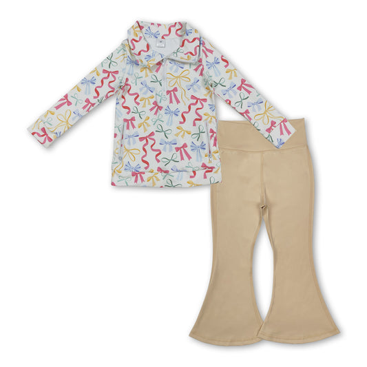 colorful bows zipper girls pocket fall yoga set