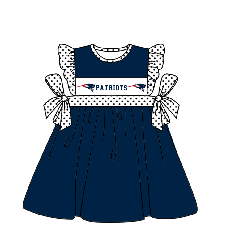 MOQ 5 pcs dark blue flying sleeves white polka dots bow girls team dresses