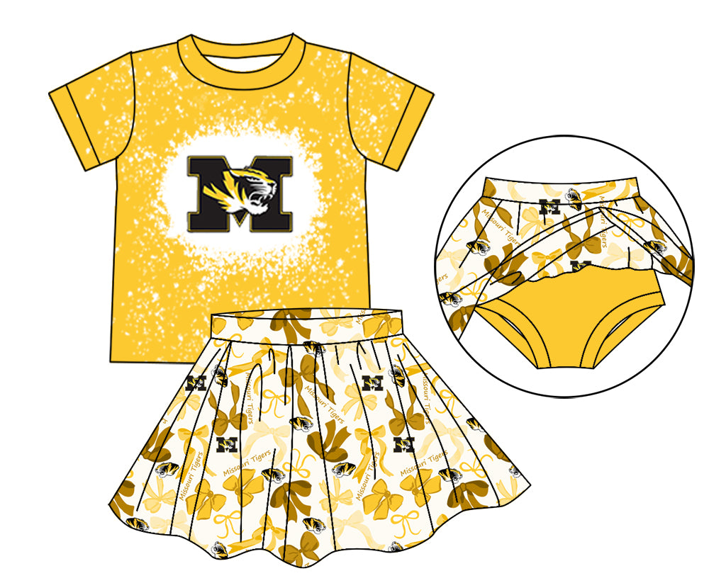 MOQ 3 pcs yellow M bleached top bow skirt girls team outfits