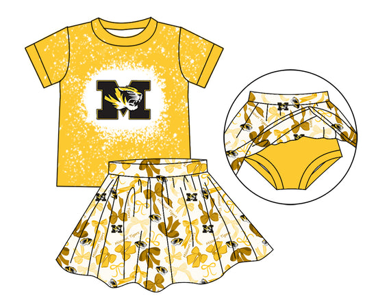 MOQ 3 pcs yellow M bleached top bow skirt girls team outfits