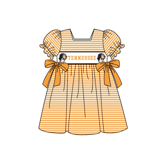 MOQ 5 pcs Short sleeves orange stripe bow T girls team dresses