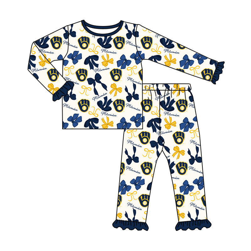MOQ 3 Long sleeves navy yellow bow kids girls team pajamas