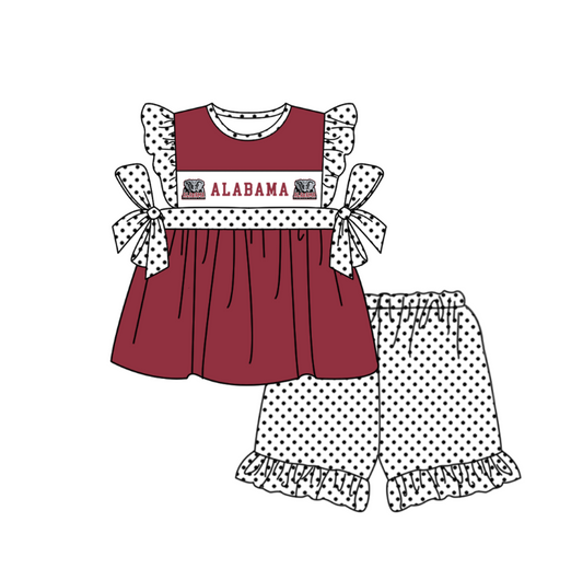 MOQ 5 pcs maroon bow A tunic white polka dots ruffle shorts girls team outfit