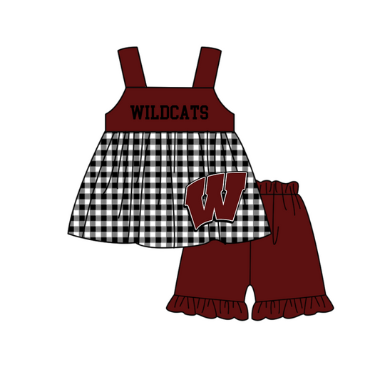 MOQ 5 pcs black plaids sleeveless W tunic brown ruffle shorts girls team outfit