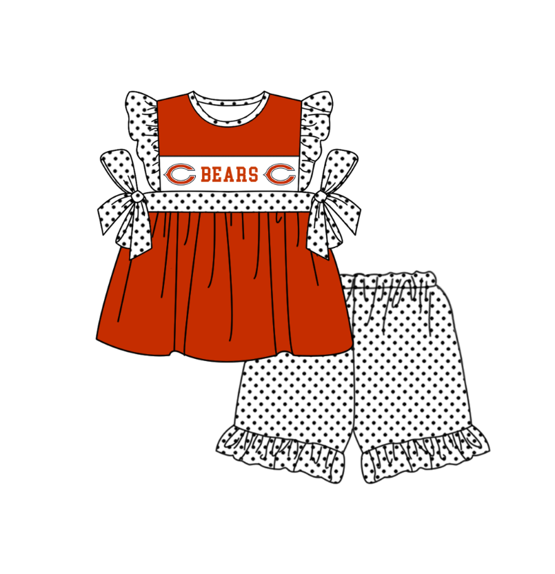 MOQ 5 pcs orange-red bow C tunic white polka dots ruffle shorts girls team outfit