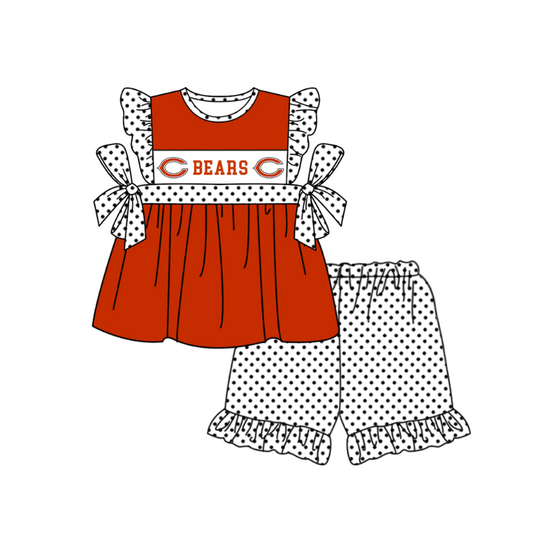 MOQ 5 pcs orange-red bow C tunic white polka dots ruffle shorts girls team outfit