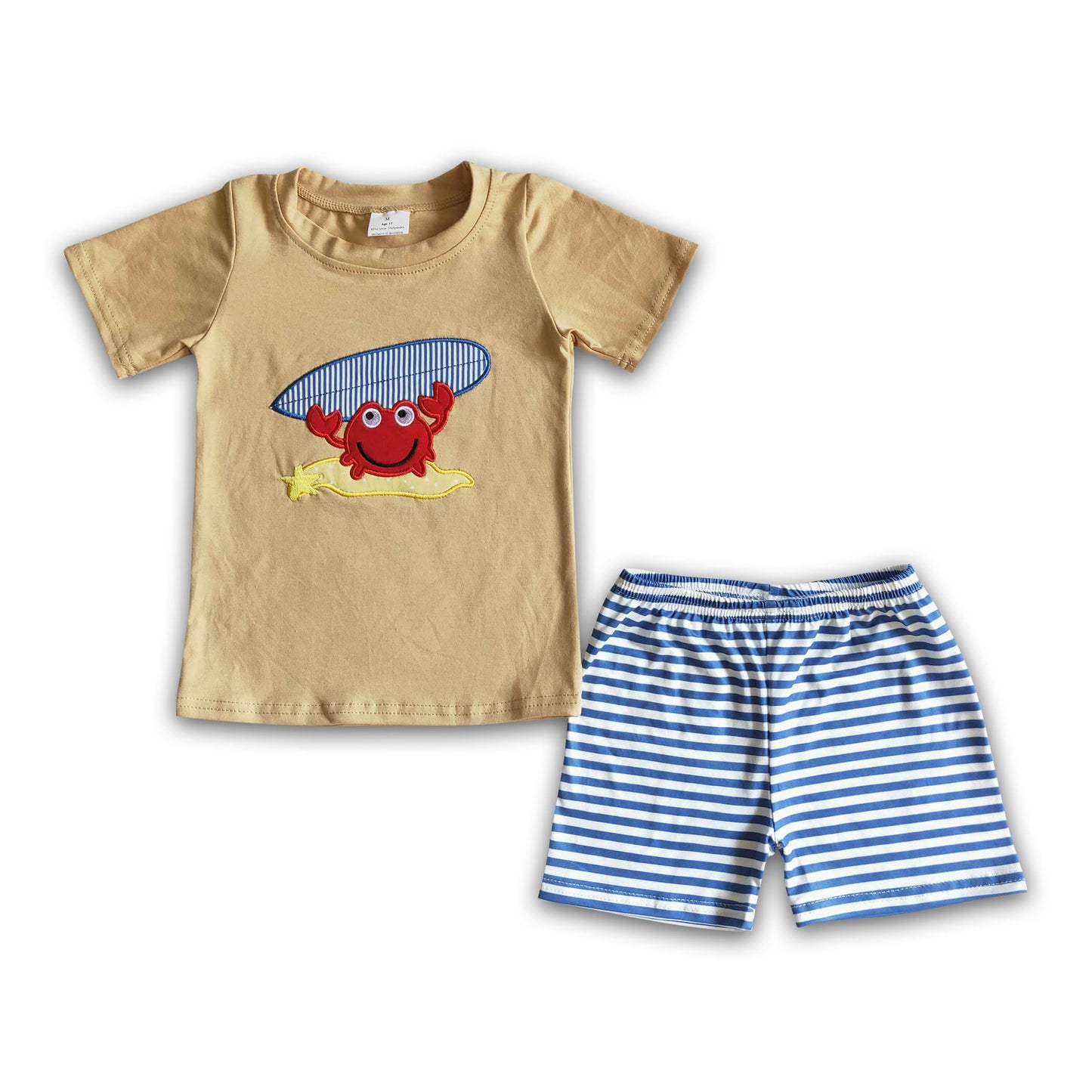 Crab embroidery cotton shirt stripe shorts boy summer clothing