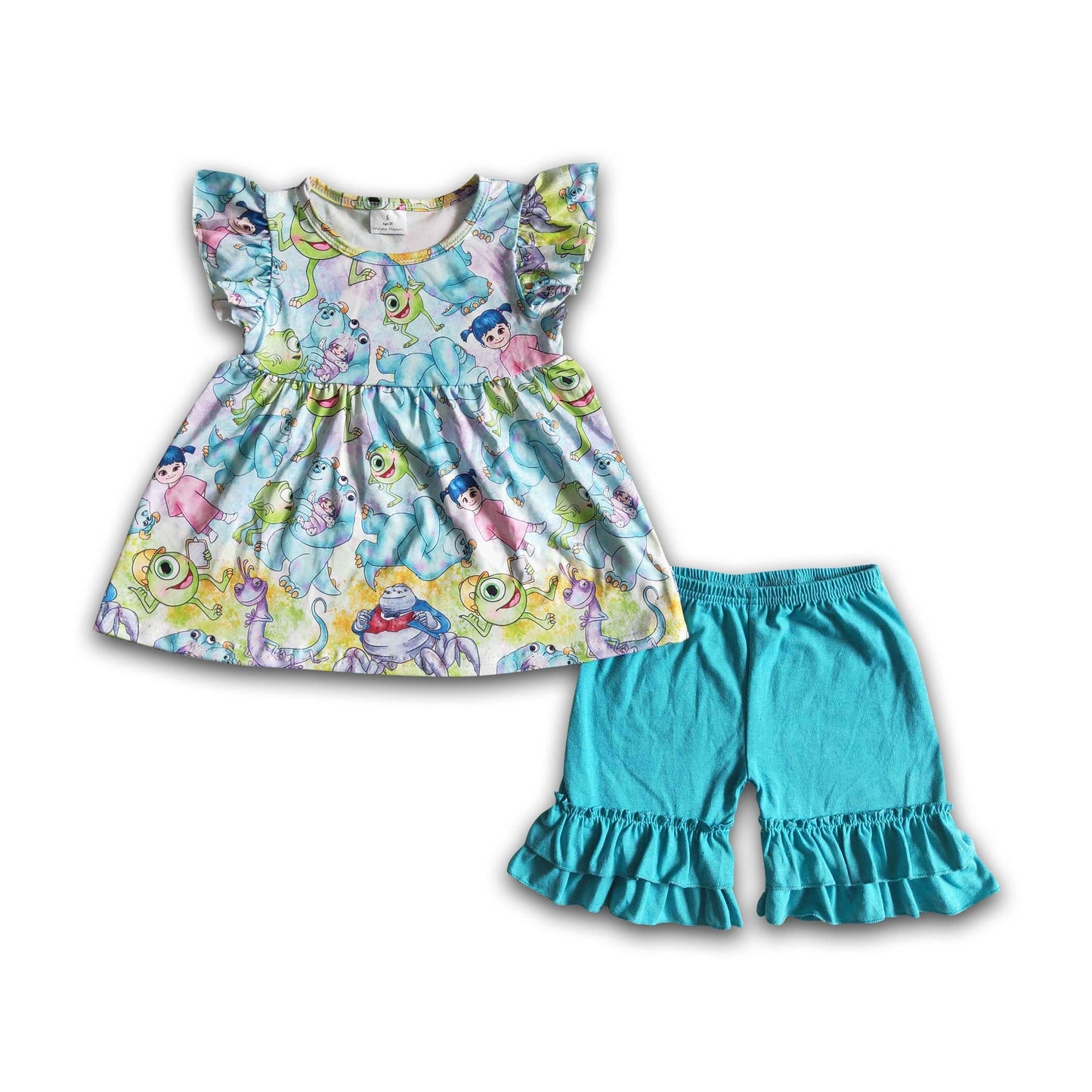 Flutter sleeve shirt turquoise ruffle shorts cute baby girls summer outfits