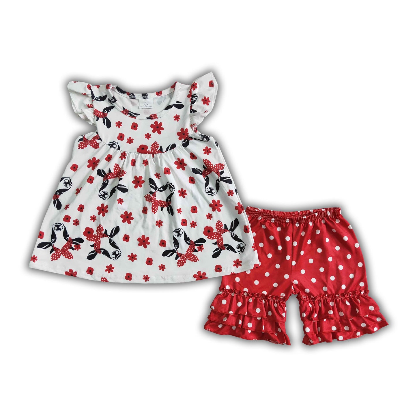 Cow print flutter sleeve match ruffle shorts children clothes