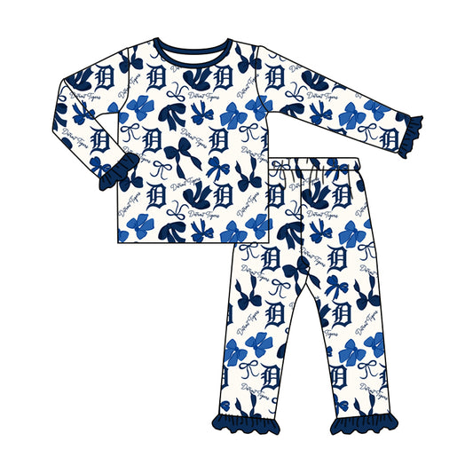 MOQ 3 Long sleeves navy bows kids girls team pajamas