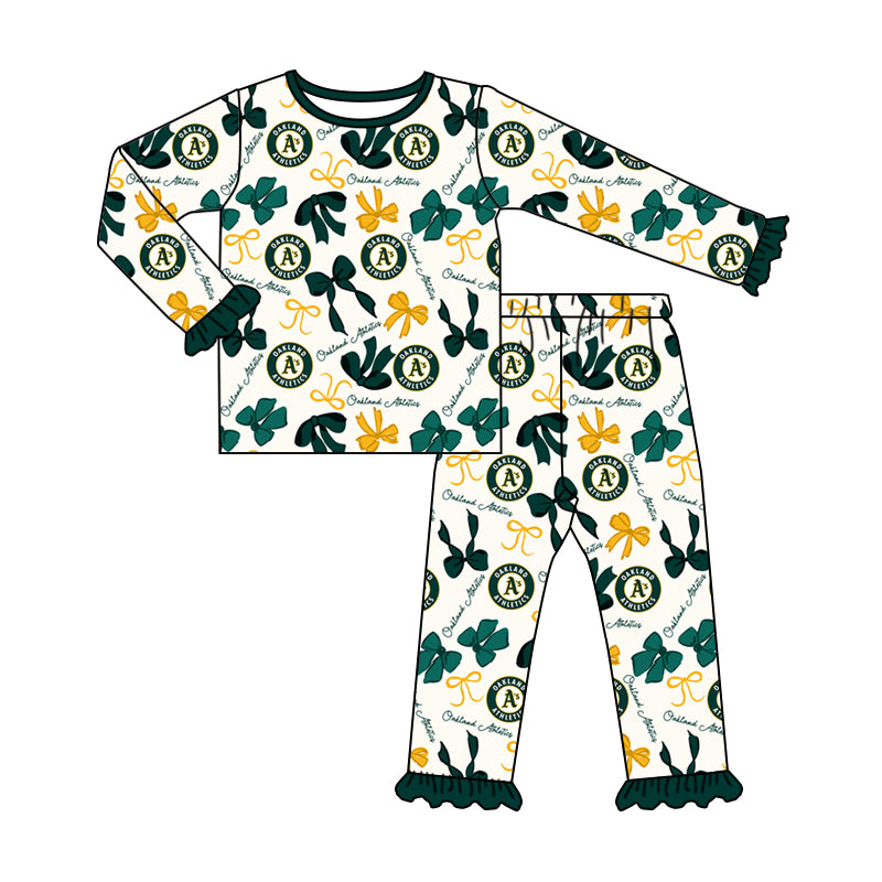 MOQ 3 Long sleeves A green bows kids girls team pajamas