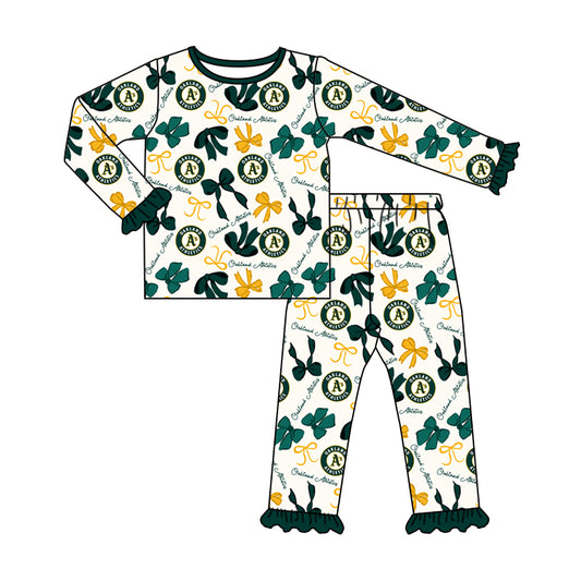MOQ 3 Long sleeves A green bows kids girls team pajamas