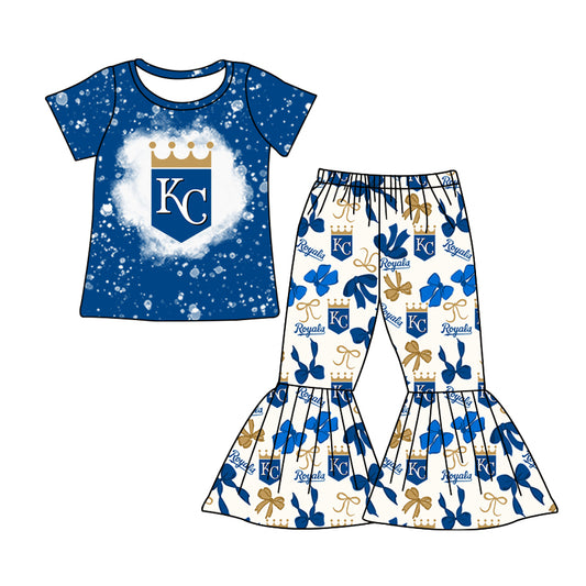 MOQ 3 pcs bleached blue K C top bow bell bottoms pants girls team clothes