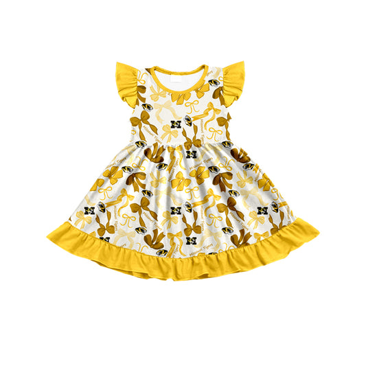 MOQ 3 pcs flutter sleeves M yellow bows girls team dress