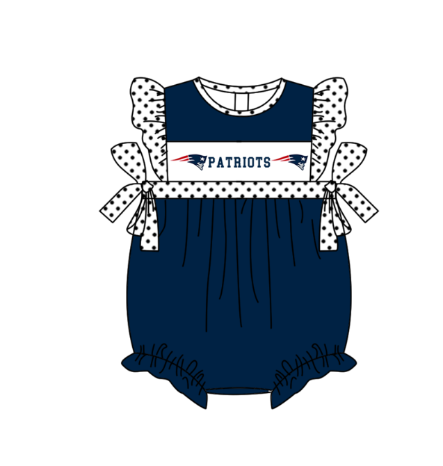 MOQ 5 pcs dark blue flying sleeves white polka dots bow P baby girls team romper