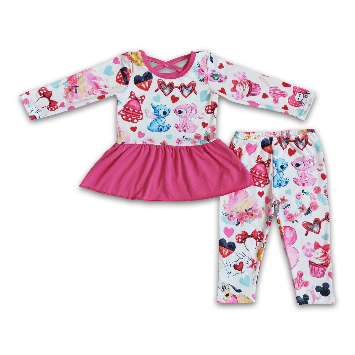 Hot pink cute print peplum icing leggings girls clothing set