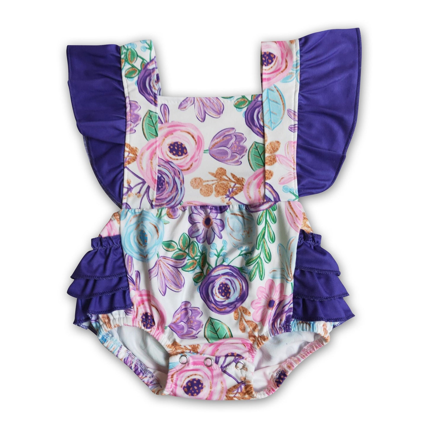 Floral print purple ruffle romper baby girls bubbles