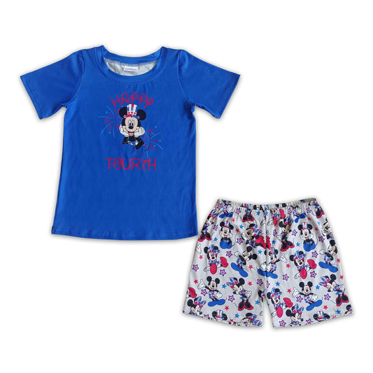 Happy forth blue mouse shirt shorts boy 4th of july outfits