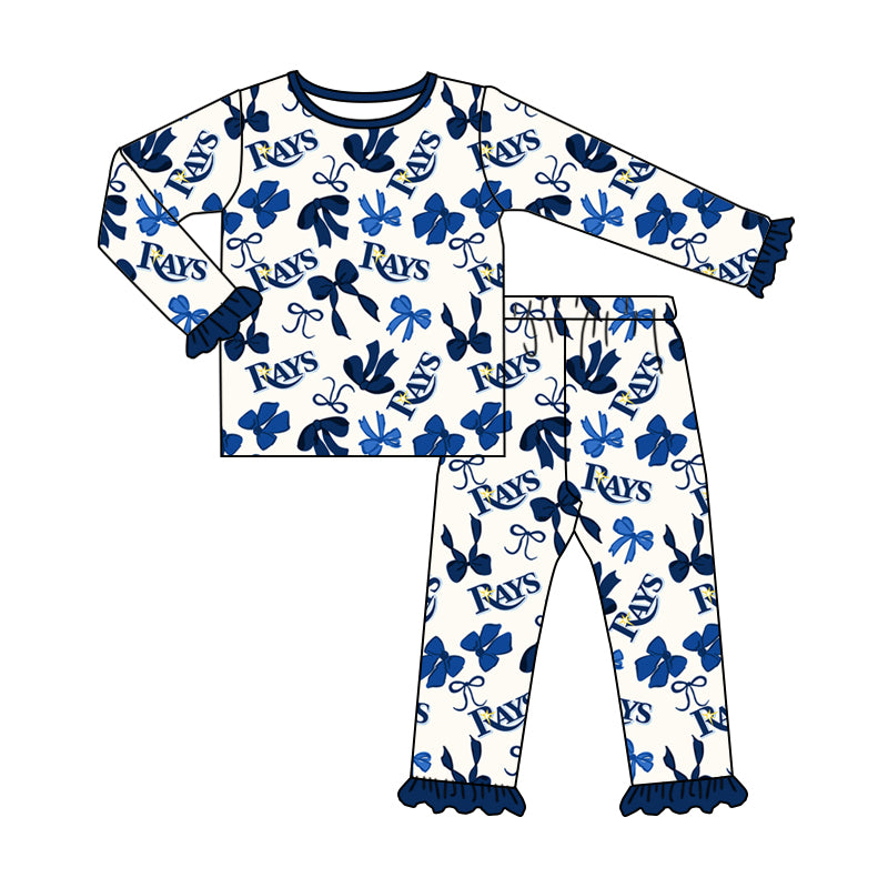 MOQ 3 Long sleeves R navy bows kids girls team pajamas