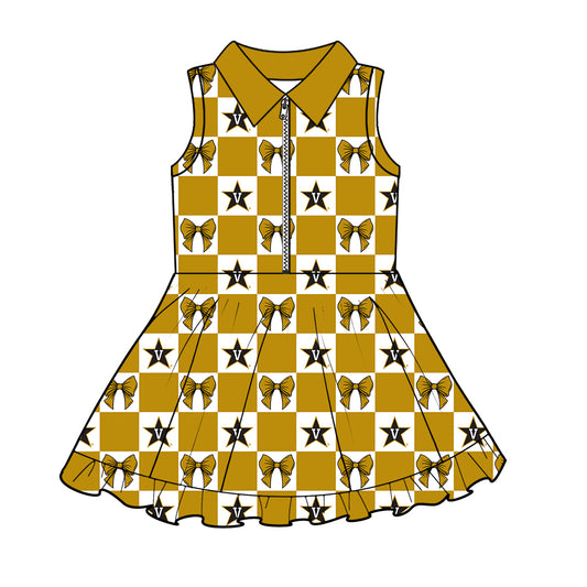MOQ 5 pcs sleeveless plaid bow stars V girls team athletic polo dress