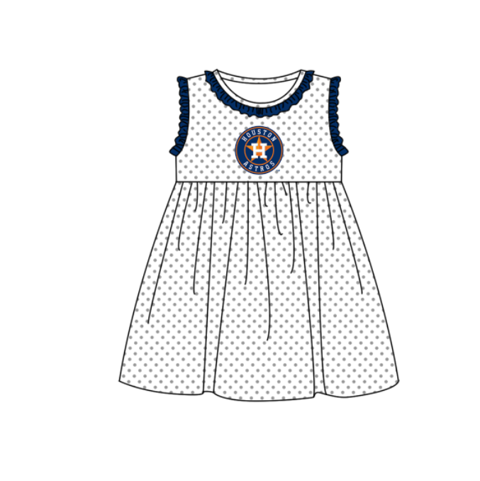 MOQ 5 pcs dark blue ruffle sleeveless white polka dots H girls team dresses