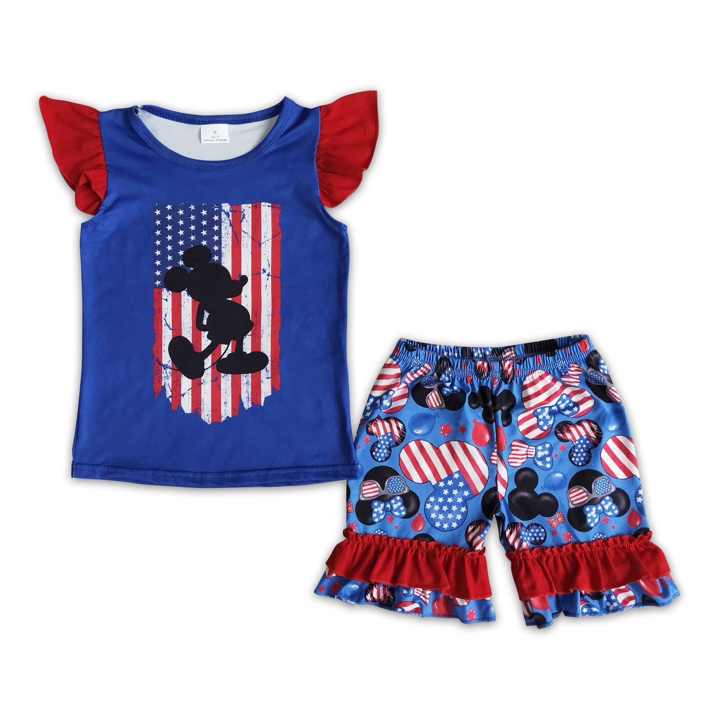 Flutter sleeve mouse shirt ruffle pants kids girls 4th of july outfits