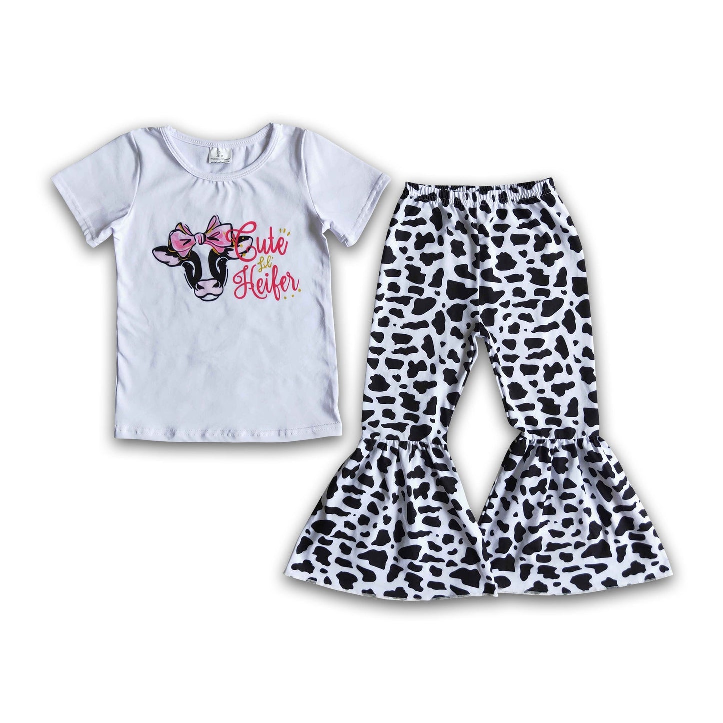 Cute heifer print white shirt bell bottom pants set