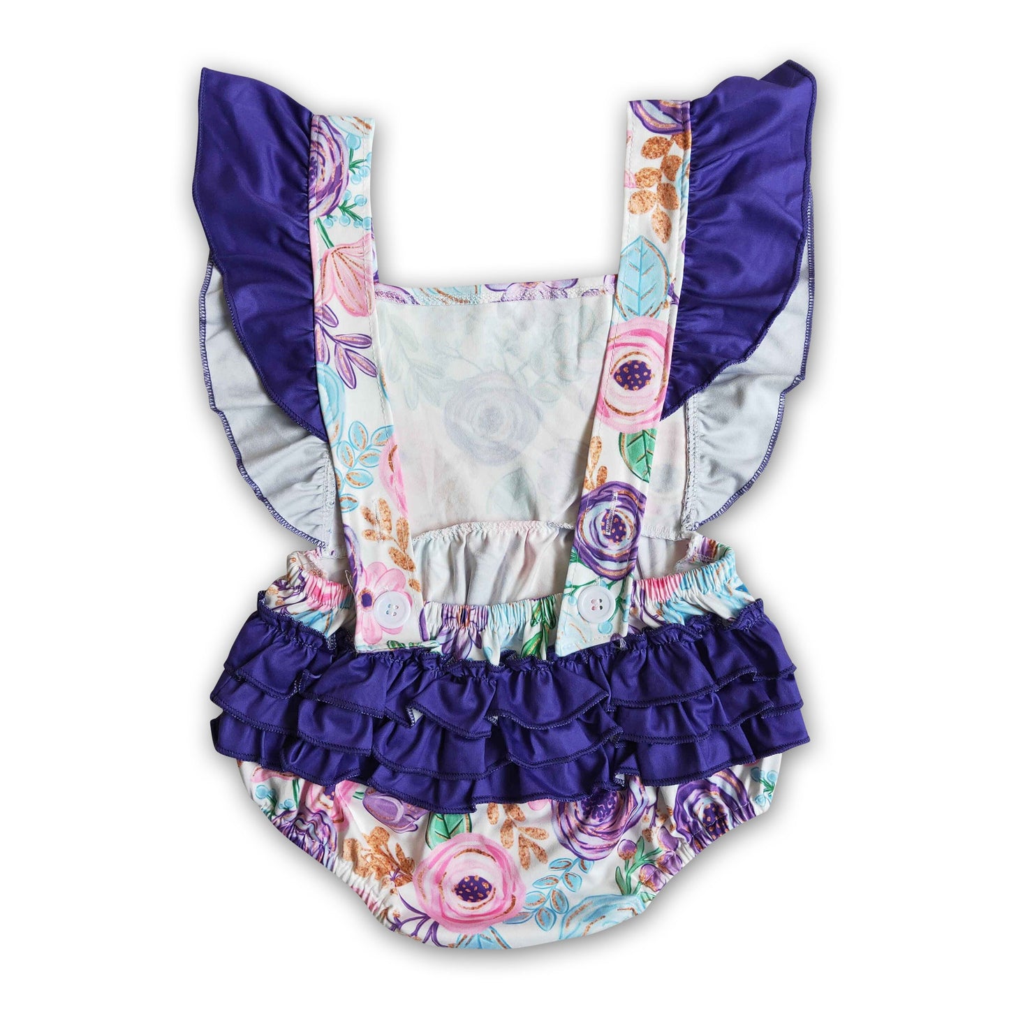 Floral print purple ruffle romper baby girls bubbles