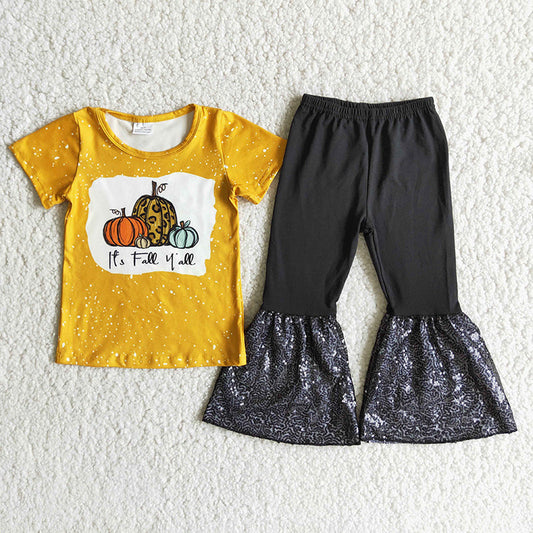Girl Pumpkin Sequin Bell Botton Outfit