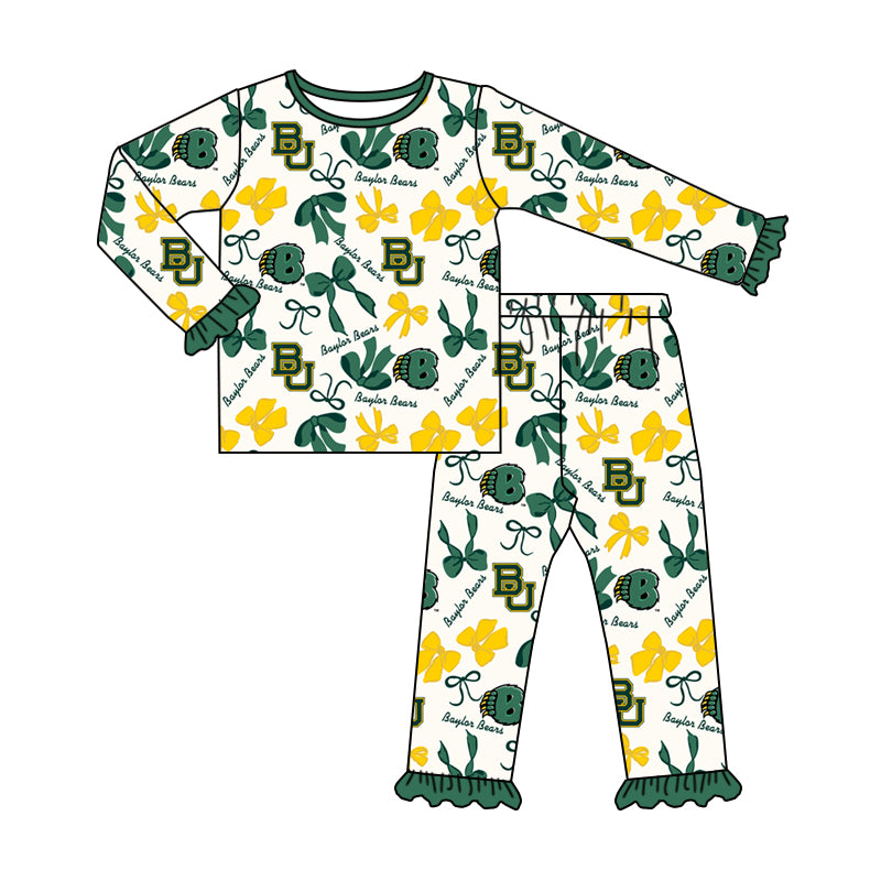 MOQ 3 Long sleeves B U green bows kids girls team pajamas