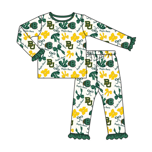 MOQ 3 Long sleeves B U green bows kids girls team pajamas