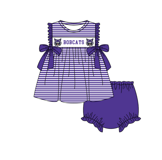 MOQ 5 pcs purple stripe bow CATS tunic bummies baby girls team set