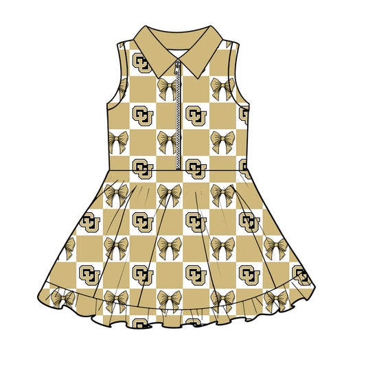 MOQ 5 pcs sleeveless plaid bow stars CU girls team athletic polo dress