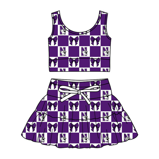 MOQ 5 pcs sleeveless purple N bow plaid top skirts girls team active outfits