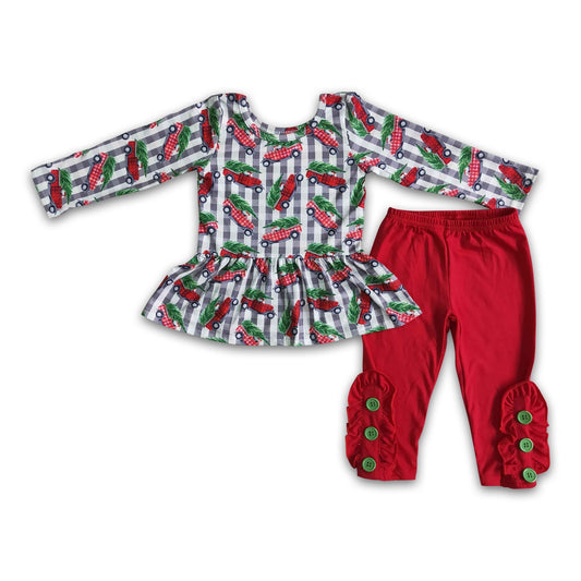 Christmas tree truck peplum leggings girls clothing set