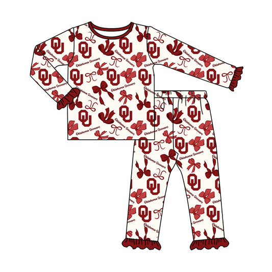 MOQ 3 Long sleeves O U red bows kids girls team pajamas