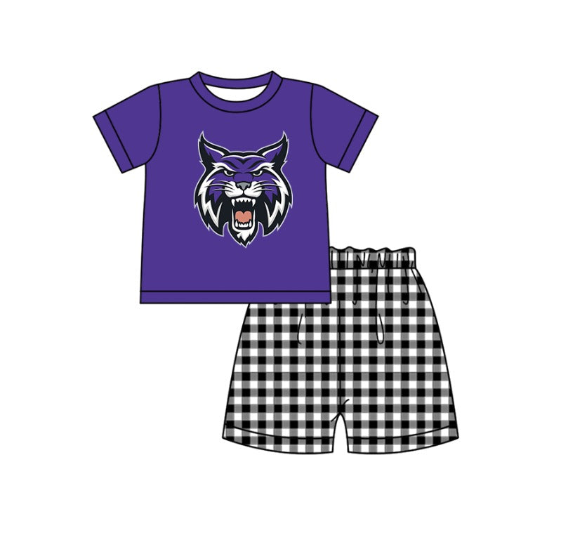 MOQ 5 pcs purple short sleeves lion print top black plaids shorts boys team outfit