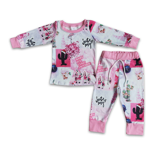 Santa baby cactus print girls pink Christmas pajamas
