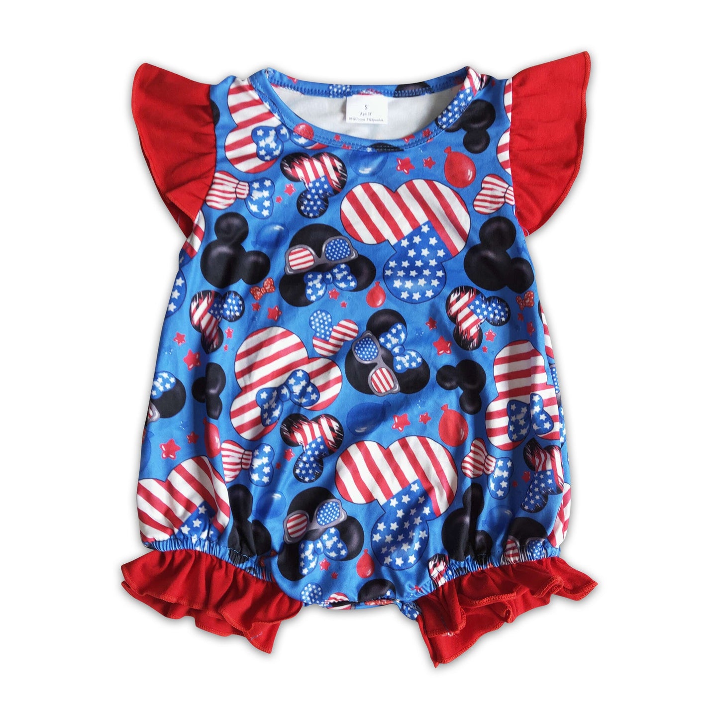 Flutter sleeve mouse star and stripe print baby girls 4th of july romper