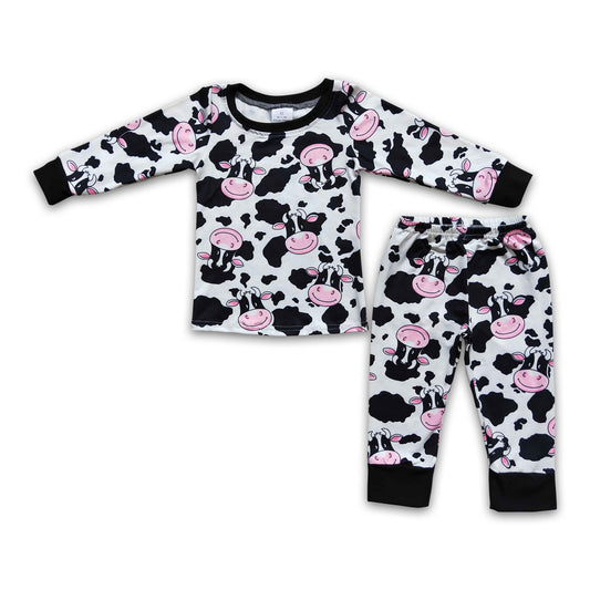 Cow print long sleeve girls pajamas