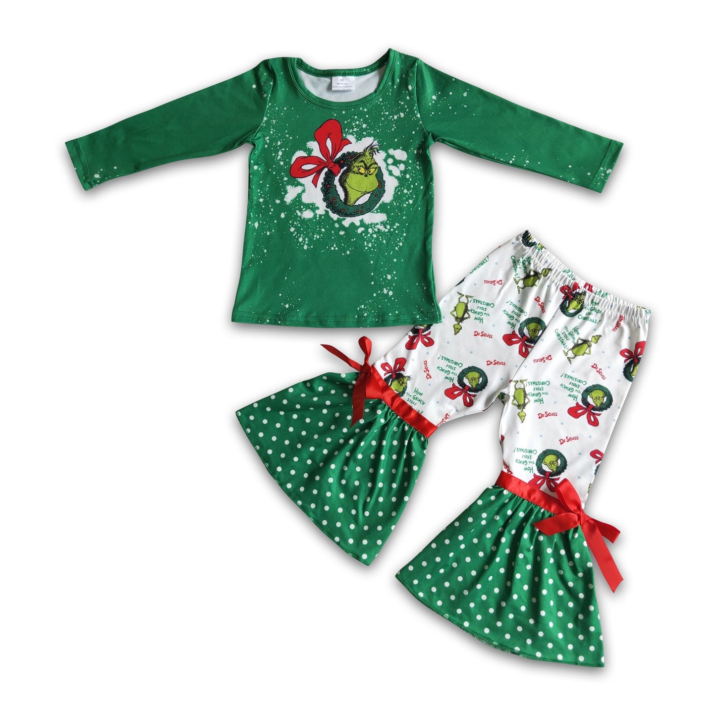 Green face screen print top match bell bottom pants Christmas outfits