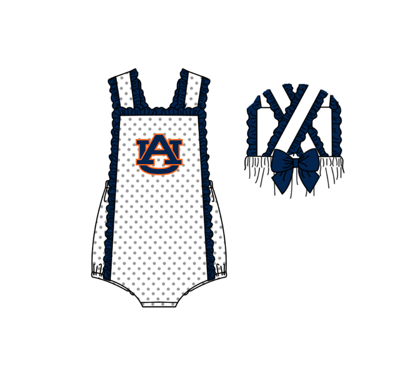 MOQ 5 pcs white polka dots sleeveless dark blue bow AU baby girls team romper