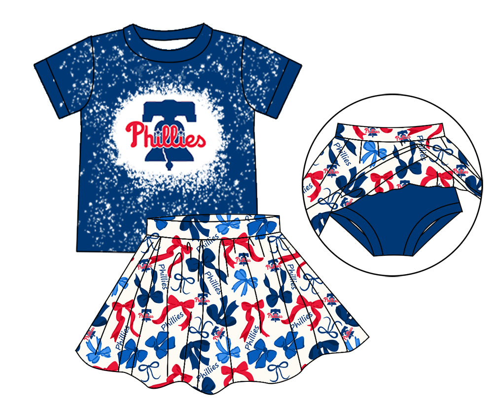 MOQ 3 pcs blue P bleached top bow skirt girls team outfits