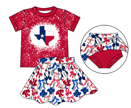 MOQ 3 pcs T bleached top red blue bow skirt girls team outfits