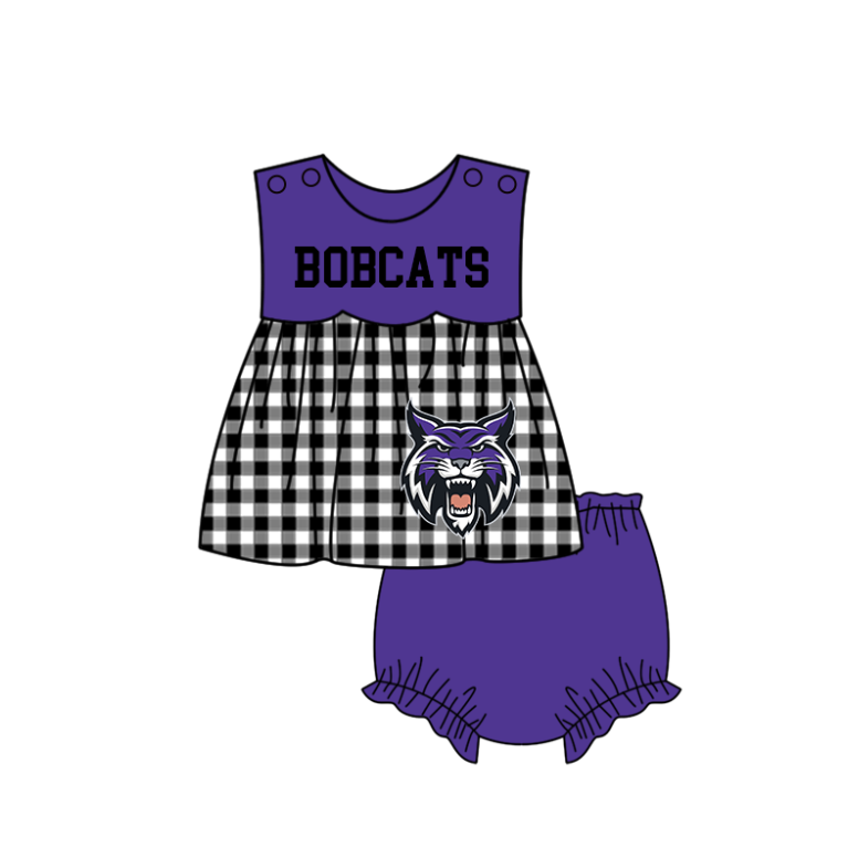 MOQ 5 pcs black plaids sleeveless lion print tunic purple bummies baby girls team set
