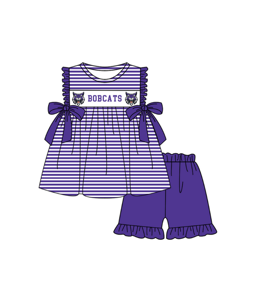 MOQ 5 pcs purple stripe bow CATS tunic ruffle shorts girls team outfit