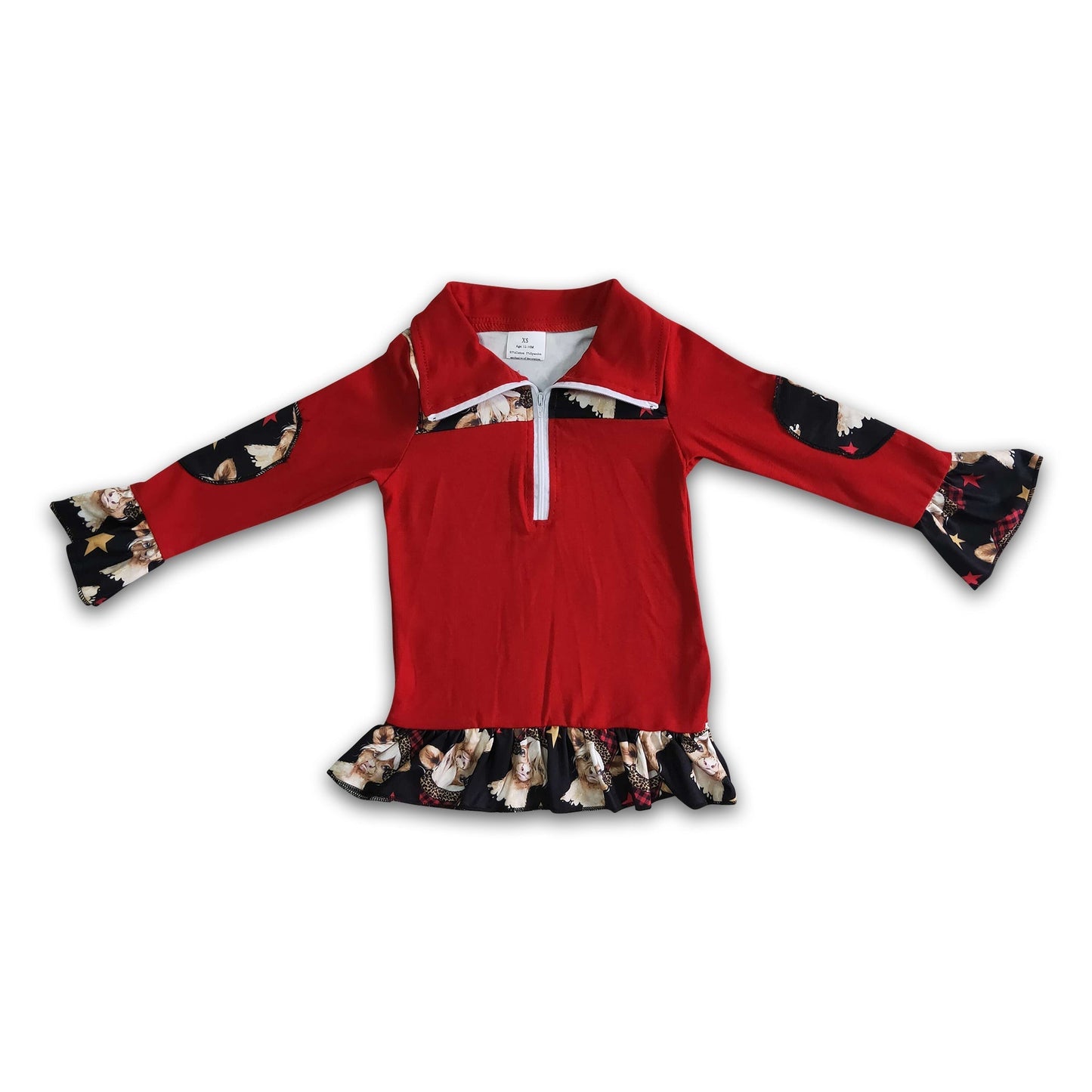 Moody print zipper red girls long sleeve shirt