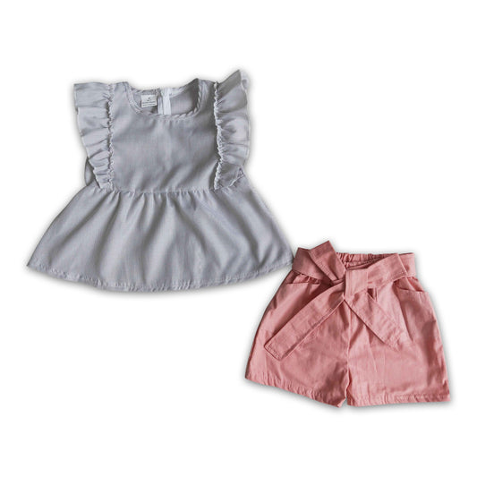 Grey stripe solid shorts woven cotton girls summer clothes