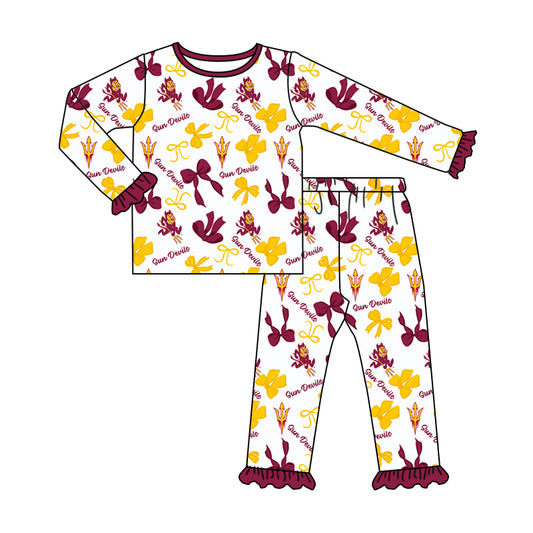 MOQ 3 Long sleeves maroon yellow bows kids girls team pajamas